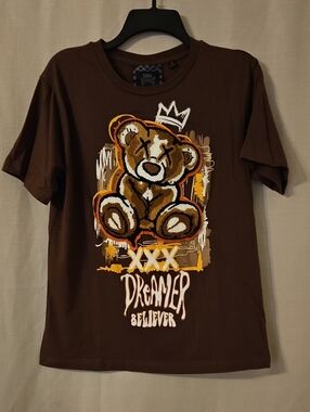 Rebel Vengeance Brown Teddy Graphic Tee with Yellow & White Accents